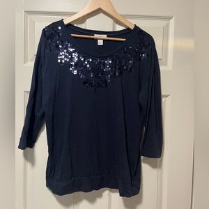 Loft, sequined, three-quarter sleeve shirt, medium blue